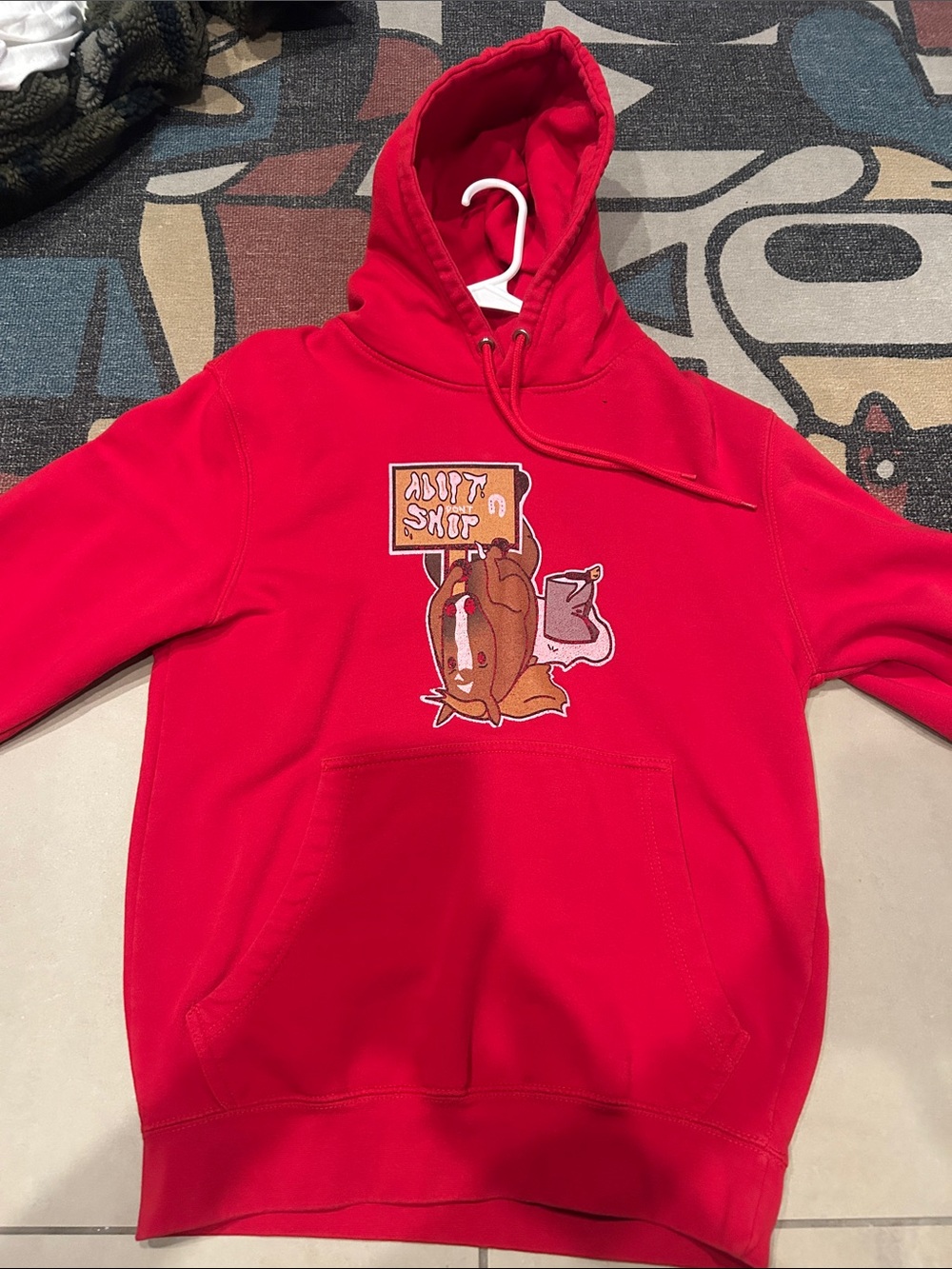 RaleighLink Merch “Adopt Don’t Shop” Red Graphic Hoodie with Cartoon Patch